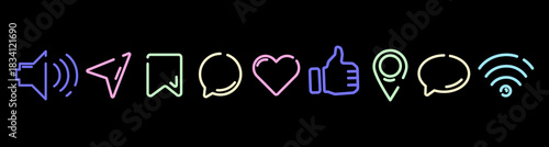 Social media and communication neon line icons, like, heart, chat, location, share, and Wi-Fi symbols on a black, for mobile apps, websites, digital interfaces, UI design, marketing content. Vector