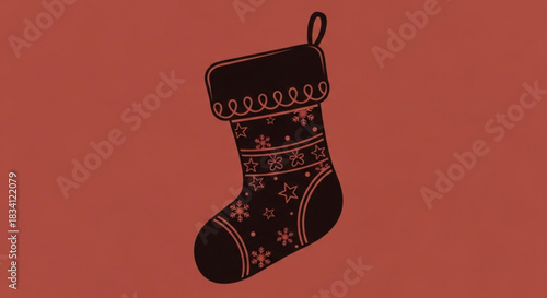 A festive dark red background with a black silhouette of a christmas stocking adorned with stars snowflakes and decorative swirls perfect for holiday designs