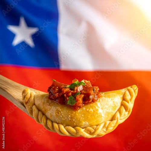 Empanada topped with pebre, held on a wooden spoon, against a blurred Chilean flag background