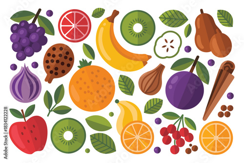 Vibrant assortment of fresh, colorful fruits and leaves artfully arranged for a healthy lifestyle.