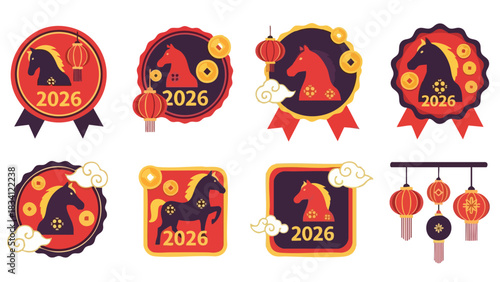 Collection of Chinese New Year 2026 Year of the Horse Stickers and Emblems.