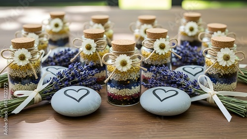 Charming Rustic Wedding Favors Featuring Layered Sands and Dried Lavender