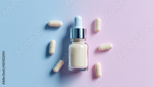 Serum Dropper Bottle with Cream Capsules on Soft Pink and Blue Background