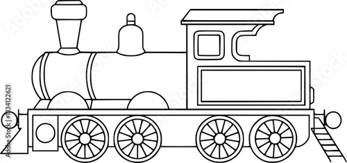 Black and White Line Drawing of a Classic Steam Locomotive