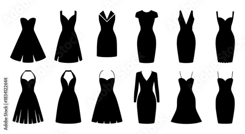 Collection of Black Dress Silhouettes on White Background