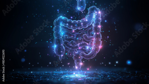 Futuristic 3D Gut Microbiome Diagram with Blue and Pink Light Effects