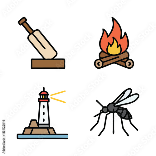 Outdoor Activity and Nature Icons: Cricket, Campfire, Lighthouse, Mosquito