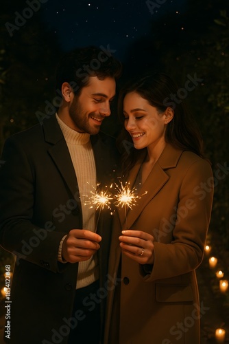 Ultra-realistic editorial couple photography of a newly engaged couple celebrating New Year in a dimly lit private garden, captured during a starry late-night moment while engaged in lighting handheld