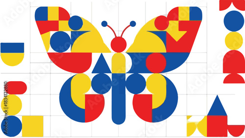 Abstract butterfly composed of red blue and yellow geometric shapes on a grid