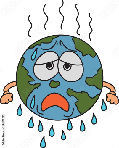 Cartoon Earth Sweating and Overheating, Global Warming Concept
