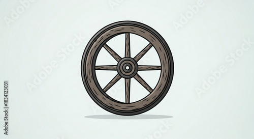 A vintage wooden wagon wheel with eight spokes and a dark rim casting a subtle shadow on a light blue background representing historical transportation and rustic design