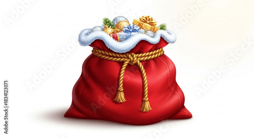 A vibrant red santa claus sack overflowing with festive christmas gifts shiny ornaments and green pine branches tied with a golden rope and trimmed with white fur isolated on a clean white background