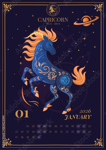 Capricorn Zodiac Horse – 2026 January Calendar Page