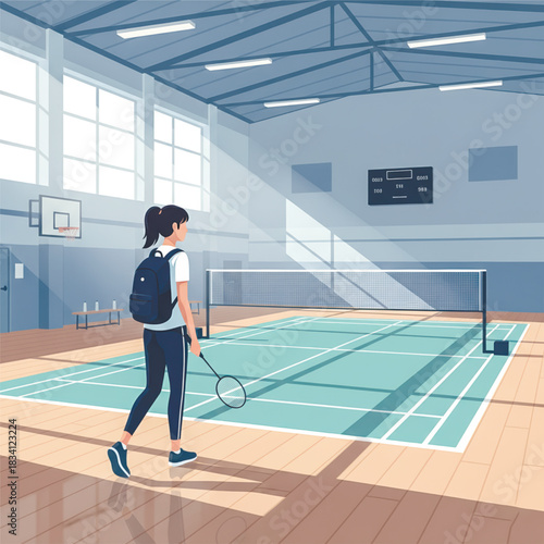 Clean illustration of a girl entering an indoor badminton court with her racket, capturing preparation, sports focus, and the calm atmosphere of training. Vector illustration