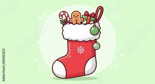 A festive red christmas stocking overflowing with holiday treats like a gingerbread man candy cane wrapped gift and ornaments against a soft green background with snowflakes