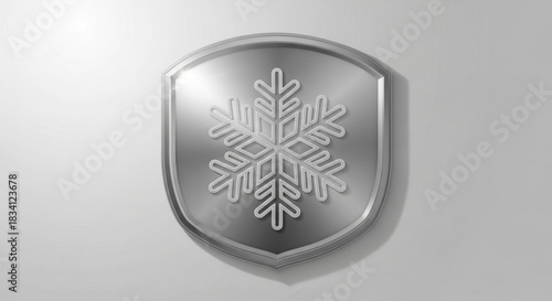 A sleek metallic shield emblem featuring a stylized snowflake design symbolizing protection winter cold and security against the elements