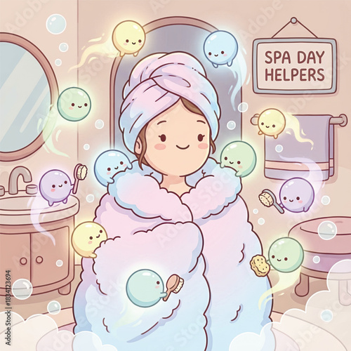 Charming cartoon illustration of a woman in a fluffy robe surrounded by cute glowing helpers holding spa tools, creating a playful self-care moment in a bathroom. Vector illustration