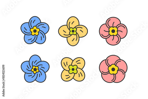 Forget me not flower, rapeseed flower and apple blossom. Set of 6 geometric emblem. Modern linear design print.