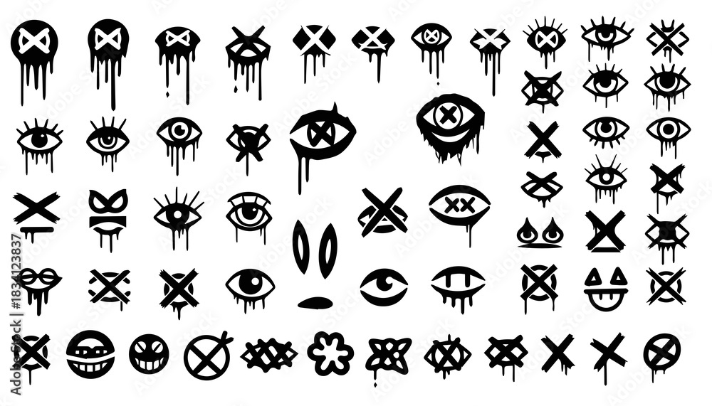 Fototapeta premium Variety of Eye Drip Graffiti Vectors with Crosses and Shapes