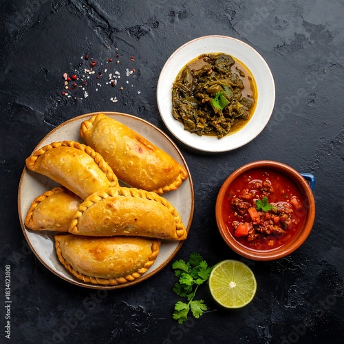 Empanadas arranged with sauces and lime, on a textured dark surface