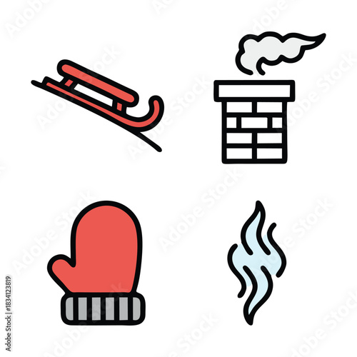 Winter Activities, Christmas, and Cozy Fireplace Icon Set