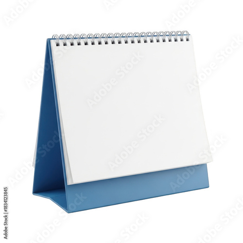 Blank desk calendar with spiral binding and blue stand isolated on transparent background