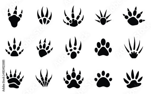 Jurassic era wild animal footprints in vector style featuring dinosaur and ancient beast paw prints, suitable for educational materials, prehistoric illustrations, and grunge vector artwork