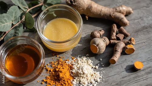 Skincare Alchemy Flatlay with Saffron Oil, Lemon Balm Emulsion, Manuka Honey, Turmeric, and Kaolin Clay – Natural Beauty Ingredients