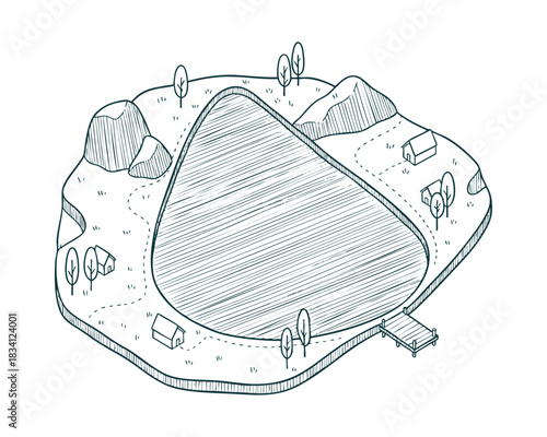 Isometric lake line art illustration
