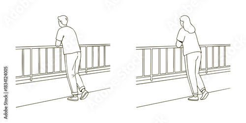 Person leaning on a balcony black and white line art illustration