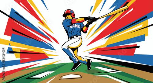 Colorful Baseball Player Hitting Ball Mid-Swing Illustration