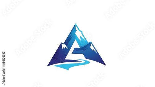 A powerful logomark combining a stylized mountain peak with the capital letter 'A' and a flowing river or stream at the base. The design uses a cool blue and white gradient to evoke themes of nature.