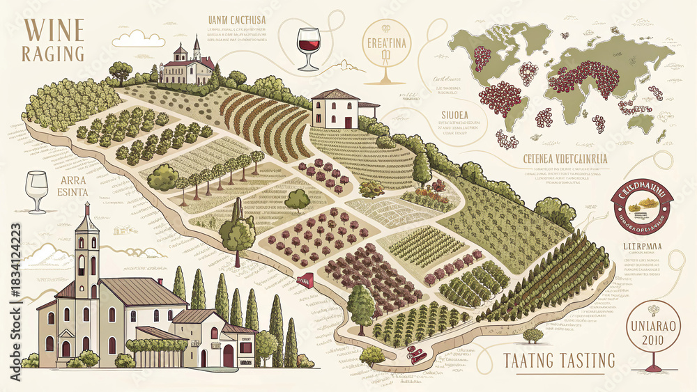 Fototapeta premium Detailed vintage illustration of vineyard landscape with buildings