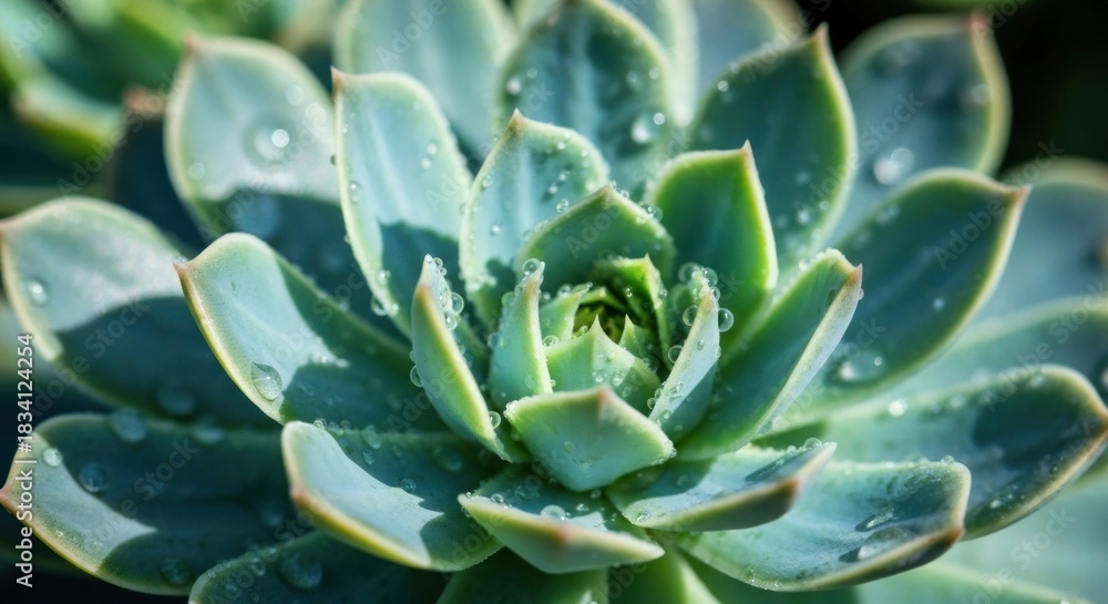 Fototapeta premium Close-up of a succulent rosette, vibrant teal-green leaves with water droplets