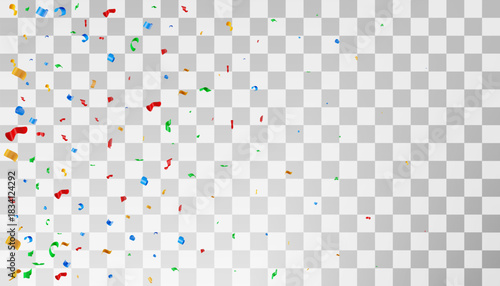 Colorful confetti falling with 3d celebration ribbons on transparent background. Festive birthday party or event overlay for greeting card. Vector illustration