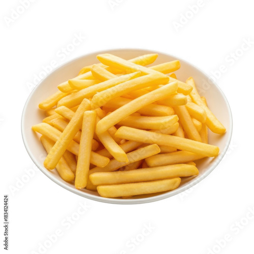 A bowl of golden french fries served on a white plate isolated on transparent background