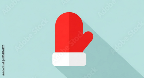 A single simple flat design illustration of a red mitten with a white cuff casting a long shadow on a light blue background representing winter or christmas