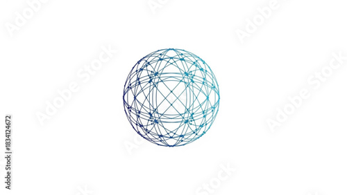 A striking abstract wireframe globe or sphere, composed of interconnected lines forming a network structure. It features a cool blue and purple gradient suggesting digital data, technology.