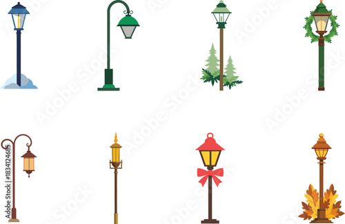 A vector illustration of a vintage metal street lamp post set with old lanterns and trident-like ornamentation