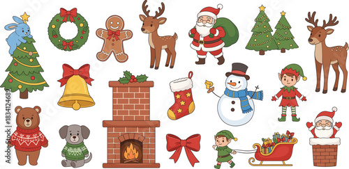 Mega Bundle of Adorable Vector Christmas and Holiday Elements Featuring Santa Claus in a Sleigh, Reindeer, Elves, a Gingerbread Man, Wreaths, Bear, Dog, Fireplace, and Decorated Trees
