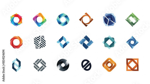 A diverse collection of twenty colorful and abstract logo designs, featuring a mix of geometric shapes, intertwining lines, and gradient color palettes. The icons showcase themes of connection.