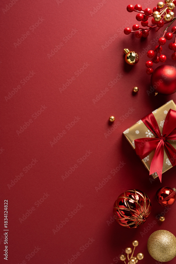 Fototapeta premium A vertical festive holiday scene featuring a wrapped gift, red ribbon bow, and gold ornaments on a deep red backdrop ready for Christmas and New Year celebration greetings and seasonal decor