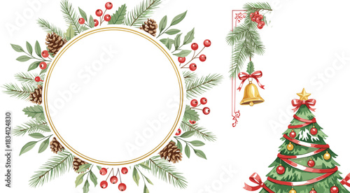 Festive Christmas Holiday Decoration Vector Set Featuring a Elegant Golden Wreath, Pine Tree, Corner Ornament, and Red Berry Elements for Design