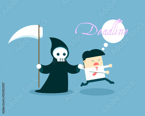 A cartoon of a frightened office worker being grabbed by a grim reaper, symbolizing the stress and urgency of an approaching deadline.