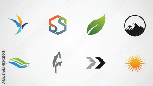 A versatile vector collection of eight corporate logos centered on nature, action, and elemental themes. Icons include a flying bird, dynamic ocean waves, a green leaf, a mountain landscape.