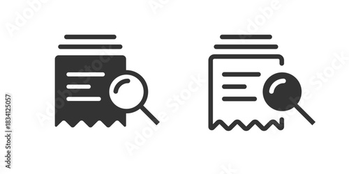 Receipts bills audit inspect icon simple minimal line stroke outline graphic illustration set, invoice documents pile review analysis via magnifying glass solid bold pictogram, pay check verify