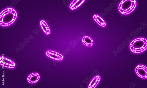 Neon poker chips on dark background. Bright glowing chips for casino and poker. Vector illustration.