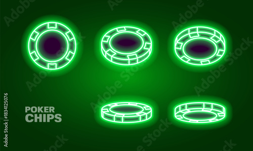 Neon poker chips in different position. Green glowing chips for casino and poker. Vector illustration.