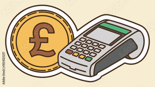British Pound coin alongside a card reader, perfect for banking visuals, digital transaction illustrations, financial services