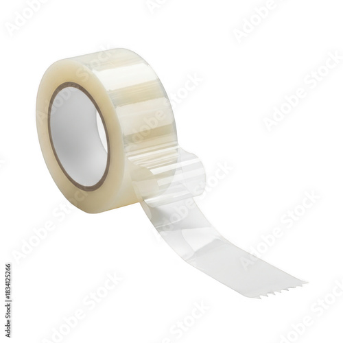 Roll of clear transparent packing tape with a piece unrolled, isolated on transparent background